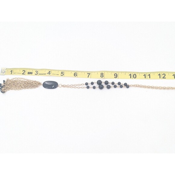 Gold Tone Tassel Black Beads Fringe Long Chain Tassel Vtg Statement Necklace - Picture 5 of 6